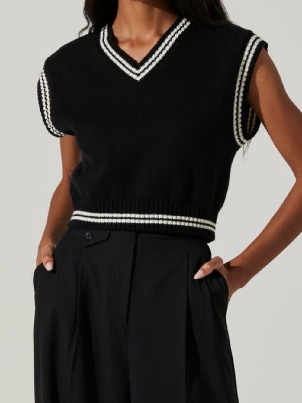 Black & White V-Neck Cropped Sweater Vest.